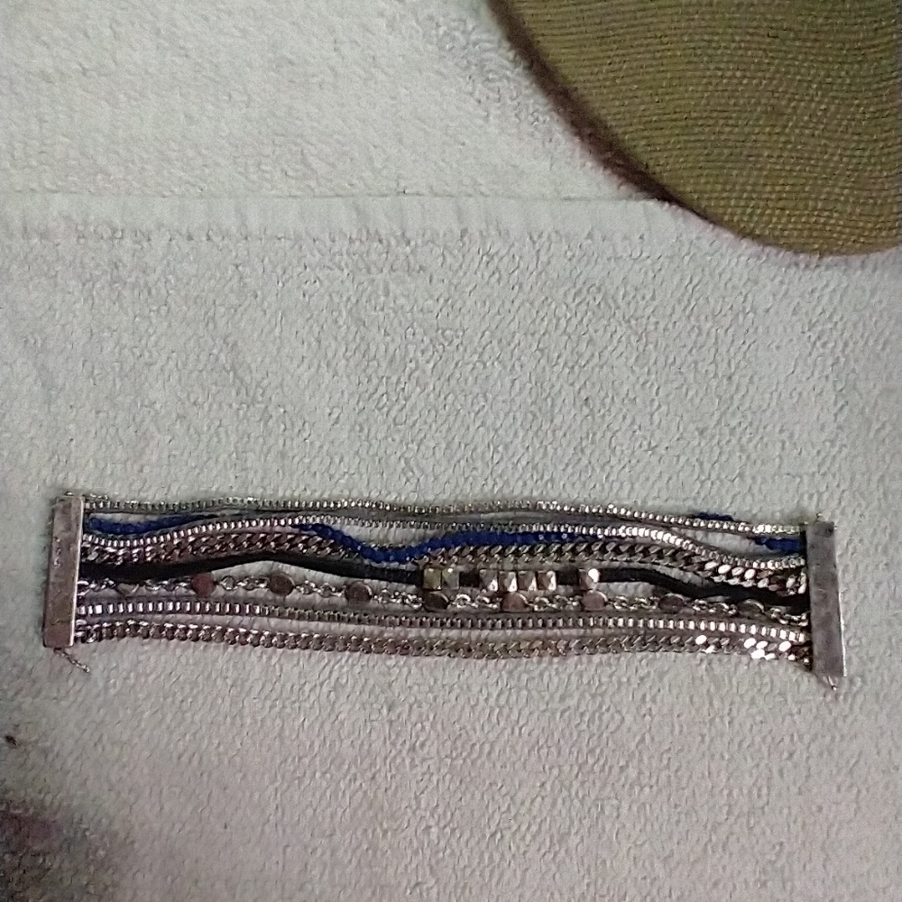 Silvertone blue black wide multi layer chain bracelet